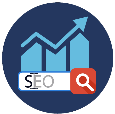 SEO Icon a blue and white graphic with a red and white logo